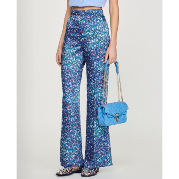 Sandro | Donelo Satin Floral Print Flare Pants In Purple/Blue - Picture 4 of 16